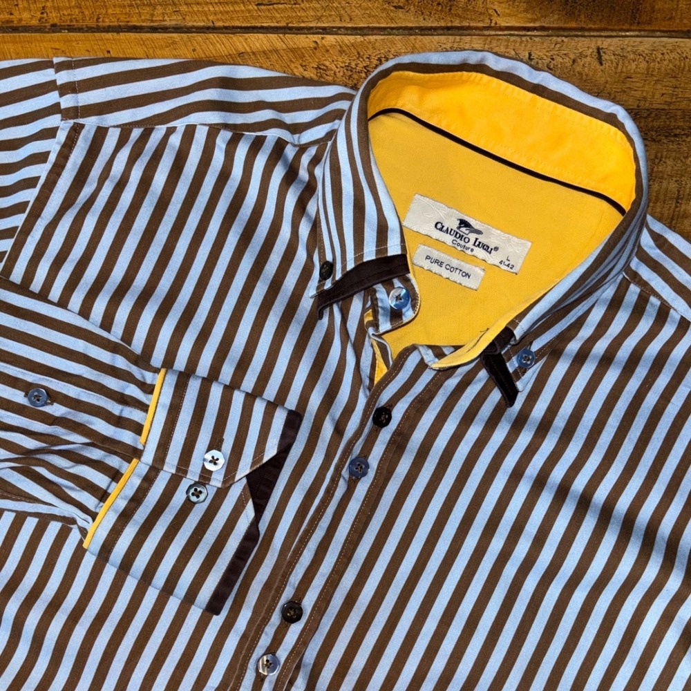 Claudio Lugli Couture Mens Pure Cotton Blue Brown Striped Button Down Shirt L